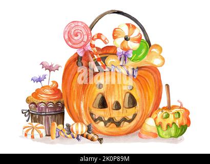 Sacchetto di zucca di illustrazione di acquerello con i dolci differenti di Halloween e della caramella. Halloween pittura isolata disegnata a mano. Per feste, poster, design, pri Foto Stock