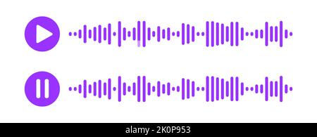 Icone dei messaggi vocali. Pittogrammi di chat audio con onde vocali in riproduzione e in pausa isolate su sfondo bianco. Messenger, radio, podcast interfaccia app mobile. Illustrazione piatta vettoriale Illustrazione Vettoriale