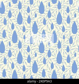 Vector gocce d'acqua blu ghiaccio sulle foglie texture creativa disegno a mano senza cuciture sfondo motivo. Illustrazione Vettoriale