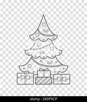 L'albero di Natale è decorato con ghirlande e regali. In linea su sfondo trasparente. Cartone animato stile piatto. Illustrazione vettoriale Illustrazione Vettoriale