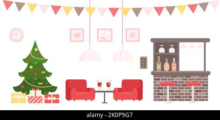Albero di Natale, bancone bar, due comode poltrone a tre quarti e bicchieri con VIN brulé sul tavolino da caffè. Stile piano cartoon. Illustrazione vettoriale Illustrazione Vettoriale