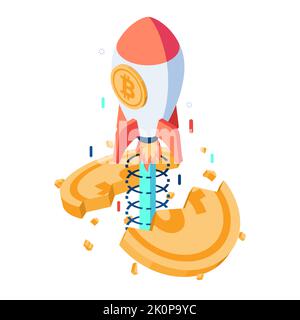 Piatto 3D Isometric Bitcoin Rocket Piercing attraverso Dollar Coin. Bitcoin sostituire il denaro in dollari e il concetto di criptovaluta. Illustrazione Vettoriale