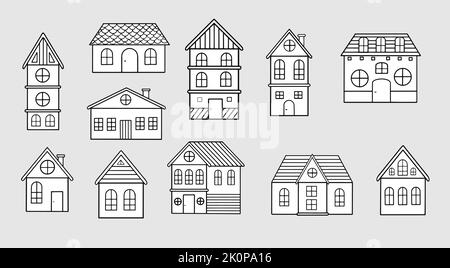 Set di case vettoriali in stile doodle. Design piatto. Illustrazione Vettoriale