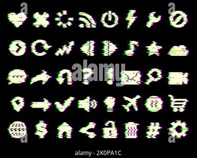 Icone di glitched. Web media simboli in stile grunge immagini interfaccia utente glitched per il progetto di progettazione di app mobile recente modello vettoriale isolato Illustrazione Vettoriale