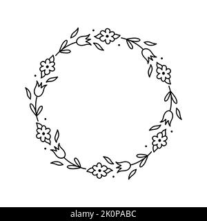 Graziosa corona floreale isolata su sfondo bianco. Cornice rotonda con fiori. Disegno vettoriale a mano in stile doodle. Perfetto per biglietti, inviti, decorazioni, logo, vari disegni. Illustrazione Vettoriale