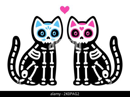 Due carini gatti neri cartoni animati con teschi dipinti messicani. Coppia scheletrica maschile e femminile. Disegno dia de los Muertos (giorno dei morti), vettore illustre Illustrazione Vettoriale