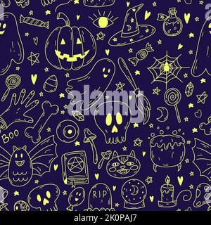 Motivo senza cuciture con cartoni animati di doodle oggetti Halloween di colore giallo neon su sfondo viola. Schizzo di fantasma, zucca, osso, veleno, cranio, incantesimo Illustrazione Vettoriale