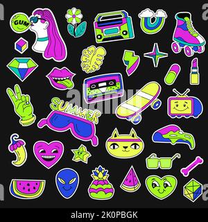 90s adesivi e insegne, confezione retrò di emoticon Illustrazione Vettoriale