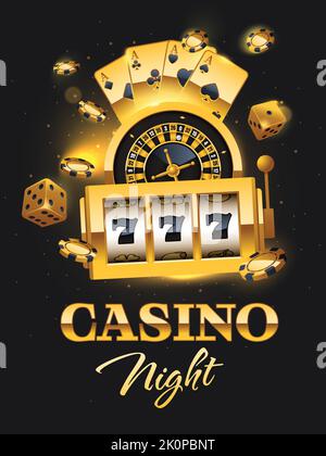 Illustrazione dell'opuscolo della notte del casino con la macchina di scanalatura, la rotella della roulette, i circuiti integrati del poker, i dadi e le schede di gioco. Cartello di lusso, poster con cassa realistica Illustrazione Vettoriale