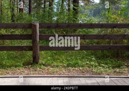 Foto di sfondo con corsia in legno e recinzione nella foresta Foto Stock