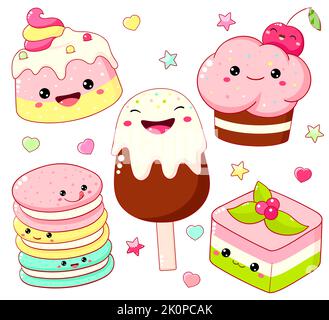 Set di dolci deliziosi in stile kawaii con viso sorridente e guance rosa per un design dolce. Torta, muffin, cupcake, gelato, macaron. Vettore illu Illustrazione Vettoriale