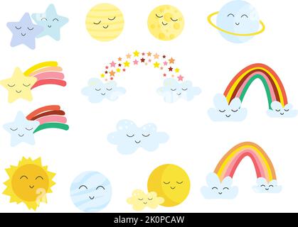 Collezione vettoriale di adesivi da elementi - arcobaleno, stelle e sole, pianeti, nuvole. Illustrazione Vettoriale