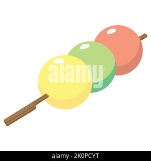 Dango dessert giapponese sotto forma di tre palline su un bastone. Vettore su sfondo bianco Illustrazione Vettoriale