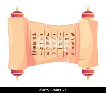 Vecchio papiro con geroglifici. Antico libro con simboli religiosi della cultura egiziana, antica civiltà egiziana scrittura storica. Vettore Illustrazione Vettoriale