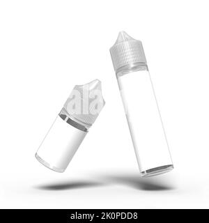 Bottiglie galleggianti per succo di vape gorilla unicorn 30ml e 60ml chuby con etichetta bianca per mockup. Isolate su fondo bianco. illustrazione di rendering 3d. Foto Stock