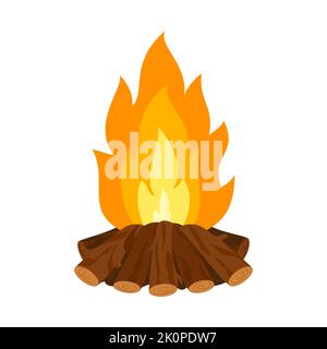 Fuoco di legna fuoco fiamme fuoco pila di legna da ardere piatta. Stile cartone animato fiamma legno fuoco buca camino esterno all'interno estate campeggio durante la notte picnic legno esterno cacciatore riscaldamento caldo segnale cottura isolato Illustrazione Vettoriale