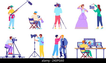 Team di riprese. Personale addetto alle riprese cinematografiche professionale processo di produzione cinematografica produzione televisiva troupe cinematografica, regista produttore di video suono regista, illustrazione vettoriale del team di riprese cinematografiche Illustrazione Vettoriale