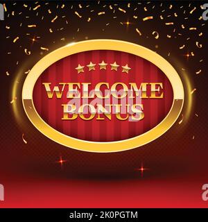 Online Welcome Bonus casino segno su sfondo rosso strippato. Illustrazione vettoriale per poker da casinò, roulette o lotteria. Golden casino incorniciato segno illu Illustrazione Vettoriale