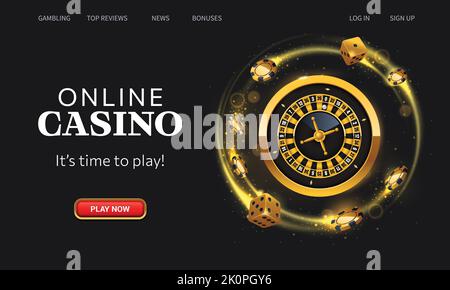 Pagina di destinazione online del Casinò. Ruota della roulette dorata, fiche da gioco e dadi su sfondo nero. Modello UI interfaccia homepage sito Web. Nastro di atterraggio p Illustrazione Vettoriale