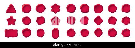 Guarnizioni in cera. Francobolli retrò per la busta del documento di certificato, distintivi vuoti antichi stile cartoon, concetto di affrancatura postale. Set con isolamento vettoriale. Busta Illustrazione Vettoriale