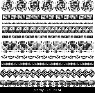 Pennelli senza cuciture tribali africani. Bordo ornamentale disegnato a mano. Antichi divisori isolati su set bianco. Motivo tradizionale creativo, arte geometrica sha Illustrazione Vettoriale