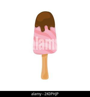 Gelato fragola lampone cioccolato bastone piatto. Dolce freddo festivo dessert cibo ristorante menu tovagliolo moderno capretto vacanza fatto a mano sloppy stile etichetta adesivo festivo rosa estate isolato Illustrazione Vettoriale