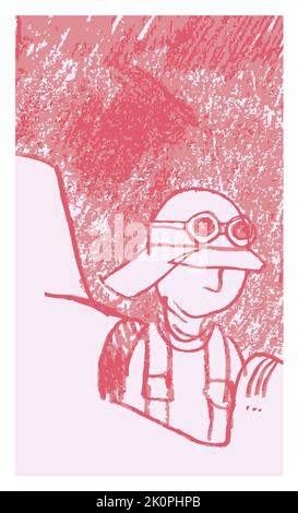 Disegno a matita del pilota in piano retrò, vista rifilata Illustrazione Vettoriale