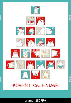 Sfondo verticale con calendario dell'avvento natalizio con carini gatti cartoni animati. Set di xmas vacanze invernali tag con numeri. Illustrazione vettoriale EPS8 Illustrazione Vettoriale