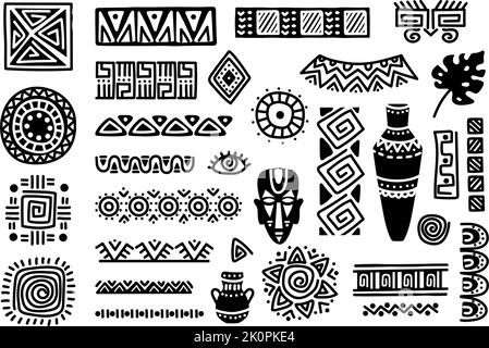 Elementi di design africani tribali. Forme e ornamenti etnici tradizionali, maschera rituale in bianco e nero, vasi e bordi. Divisori disegnati a mano e mysti Illustrazione Vettoriale