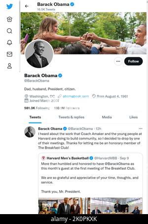 Pagina Twitter (settembre 2022) di Barack Obama, ex presidente degli Stati Uniti Foto Stock