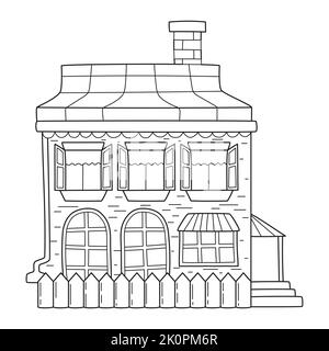 Semplice edificio a due piani con portico, recinzione e camino in stile bozzolo. Illustrazione vettoriale in bianco e nero disegnata a mano isolata su ba bianca Illustrazione Vettoriale