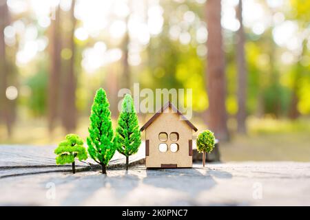 Piccolo modello di casa in legno e alberi giocattolo in miniatura posti su un grande ceppo di albero su uno sfondo di foresta. Foto Stock