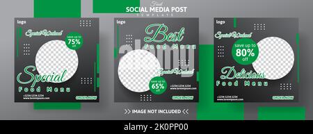 Un'illustrazione vettoriale di tre modelli di post sui social media per un menu di piatti deliziosi, speciali e migliori Illustrazione Vettoriale