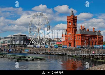 Il vivace lungomare della baia di Cardiff in un intenso pomeriggio estivo, tra cui il Pierhead Building, la Giant Ferris Wheel e i pontoni della marina. Foto Stock