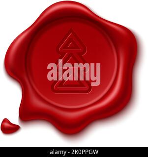 Sigillo di cera di Natale. Timbro di festa rosso realistico con il simbolo di Capodanno. Icona delle feste invernali. Impronta di abete rosso. Rilievo di albero di conifere di xmas sul contrassegno del cerchio Illustrazione Vettoriale