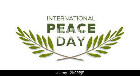 Giornata internazionale della pace. 21 settembre. Due rami di ulivo intorno al testo. Banner orizzontale. Illustrazione vettoriale, design piatto Illustrazione Vettoriale