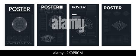 Poster futuristici della griglia. Modelli di layout retrofuturistici con elementi HUD, struttura a reticolo con tunnel prospettiva pianeta cerchio retro stile cyberpunk. Vettore Illustrazione Vettoriale