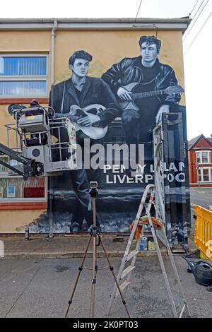 Arte in corso, Paul Curtis, murale dei Beatles a Penny Ln, Liverpool, Merseyside, Inghilterra, Regno Unito, L18 1DE Foto Stock