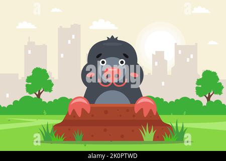 una talpa sbirca fuori di un buco nel giardino. disegno piatto del vettore. Illustrazione Vettoriale