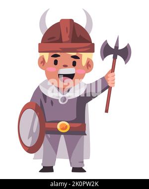 Vichingo barbaro nordico con casco cornato che regge lo scudo e l'ascia con il sorriso Illustrazione Vettoriale