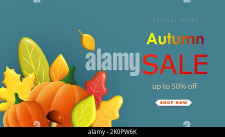 Vendita autunnale poster digitale, banner promozionale con realistiche foglie autunnali 3D e zucca. Vettore Illustrazione Vettoriale