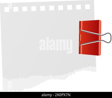 Carta per appunti fissata. Elemento di cancelleria realistico. Pagina con bordi irregolari attaccati con il pulsante. Legante metallico. Fissaggio della clip per notepper. Forniture per ufficio Illustrazione Vettoriale