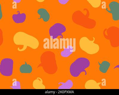 Motivo senza cuciture con zucche colorate su sfondo arancione. Zucche di ringraziamento e di Halloween. Design autunnale con zucche per striscioni, poster Illustrazione Vettoriale