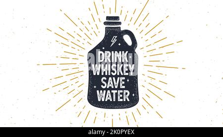 Bottiglia vintage. Poster della vecchia scuola con testo drink Whiskey Save Water. Bottiglia in stile vintage con disegno lineare di raggi luminosi, raffiche di sole e raggi di sole. Disegno grafico disegnato a mano. Illustrazione vettoriale Illustrazione Vettoriale
