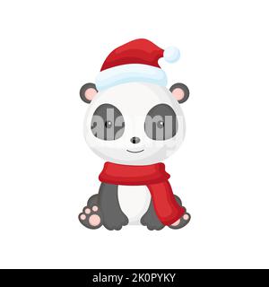 Carino panda seduto in un cappello di Santa e sciarpa rossa. Cartoon animal personaggio per bambini t-shirt, decorazione vivaio, doccia bambino, biglietto di auguri, in Illustrazione Vettoriale