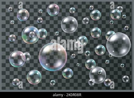 Una serie di bolle di sapone colorate realistiche su sfondo trasparente Illustrazione Vettoriale