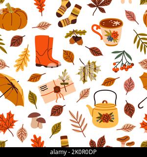 Modello autunnale senza cuciture. Foglie gialle di cartone animato, accessori caldi, stampa d'atmosfera intima, oggetti di stagione piovosa, bevande calde. Arredamento tessile Illustrazione Vettoriale