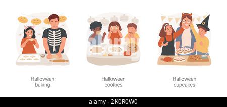 Set di illustrazioni vettoriali per cartoni animati isolati di Halloween. Buona cottura in famiglia per le vacanze autunnali, i bambini si divertono con i tradizionali biscotti di Halloween, preparando tortini piccanti cartoni animati vettoriali. Illustrazione Vettoriale