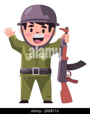 Bambini che indossano militare militare militare esercito con casco verde arma fucile Illustrazione Vettoriale