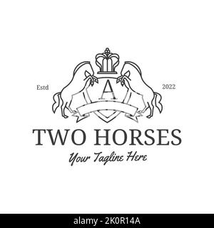 Logo Shield della corona del re e due cavalli vintage stile retrò, badge, elementi di design, modello logotipo. Concetto di design di lusso, Royal Vector Illustrat Illustrazione Vettoriale